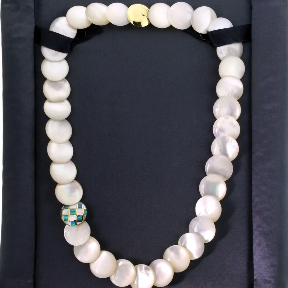 Tiffany &  Co Cummings gold Mother of pearl opal inlaid necklace.